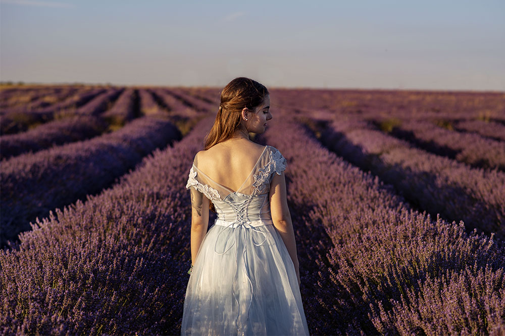 Reportaje de fotos entre las flores de los campos de lavanda.